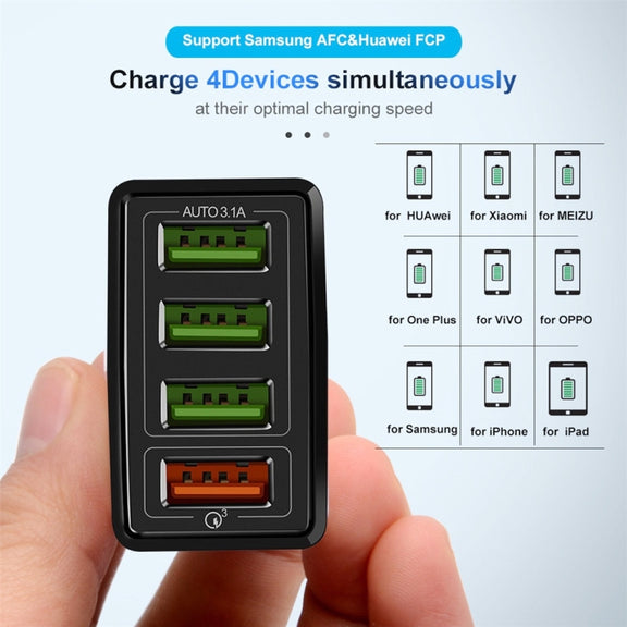 2 in 1 1m USB to 8 Pin Data Cable + 30W QC 3.0 4 USB Interfaces Mobile Phone Tablet PC Universal Quick Charger Travel Charger Set, UK Plug(Black)