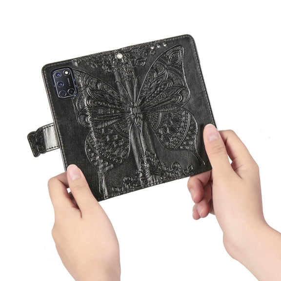 For OPPO A52/A72/A92 Butterfly Love Flower Embossed Horizontal Flip Leather Case with Bracket / Card Slot / Wallet / Lanyard(Black)