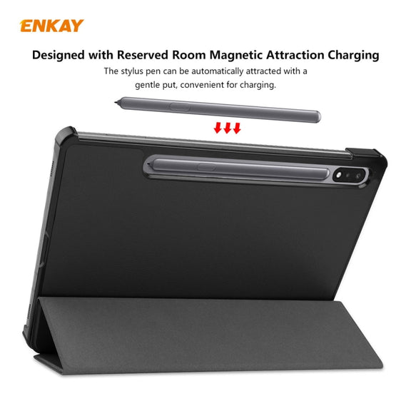 ENKAY ENK-8010 PU Leather + Plastic Smart Case with Three-folding Holder for Samsung Galaxy Tab S8 / Galaxy Tab S7 11.0 T870 / T875(Black)