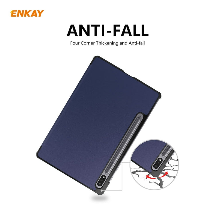 ENKAY ENK-8010 PU Leather + Plastic Smart Case with Three-folding Holder for Samsung Galaxy Tab S8 / Galaxy Tab S7 11.0 T870 / T875(Dark Blue)