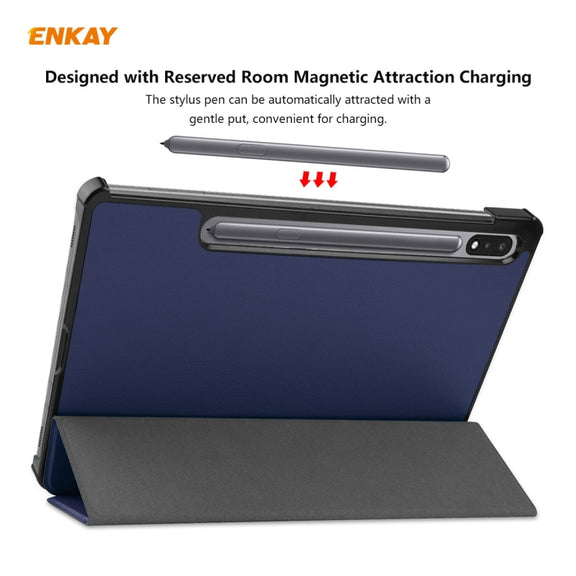 ENKAY ENK-8010 PU Leather + Plastic Smart Case with Three-folding Holder for Samsung Galaxy Tab S8 / Galaxy Tab S7 11.0 T870 / T875(Dark Blue)