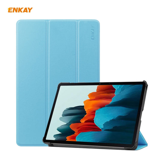 ENKAY ENK-8010 PU Leather + Plastic Smart Case with Three-folding Holder for Samsung Galaxy Tab S8 / Galaxy Tab S7 11.0 T870 / T875(Light Blue) - free shipping - PMC Jewellery - Order now!