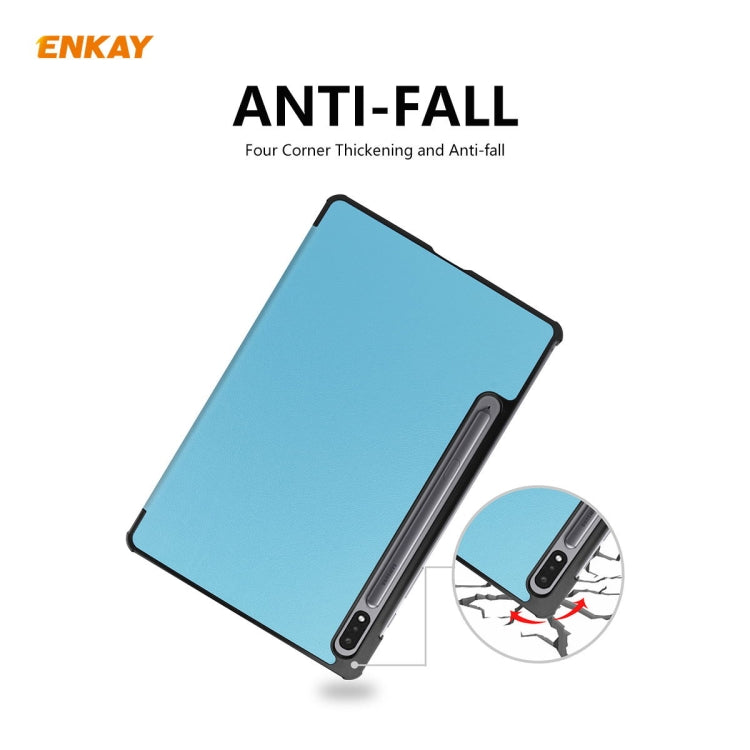 ENKAY ENK-8010 PU Leather + Plastic Smart Case with Three-folding Holder for Samsung Galaxy Tab S8 / Galaxy Tab S7 11.0 T870 / T875(Light Blue)