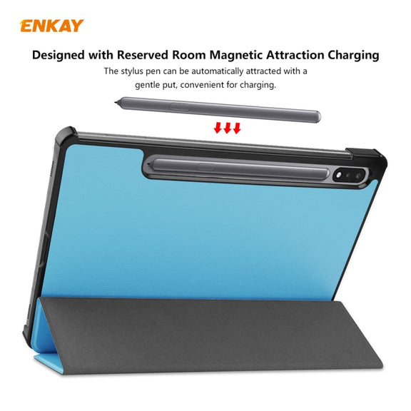 ENKAY ENK-8010 PU Leather + Plastic Smart Case with Three-folding Holder for Samsung Galaxy Tab S8 / Galaxy Tab S7 11.0 T870 / T875(Light Blue)