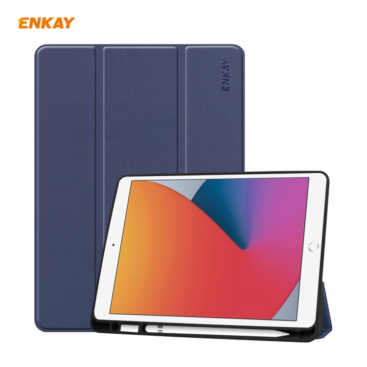 For iPad 10.2 2021 / 2020 / 2019 ENKAY ENK-8016 PU Leather + TPU Smart Case with Pen Slot(Dark Blue) - free shipping - PMc TechLife - Order now!
