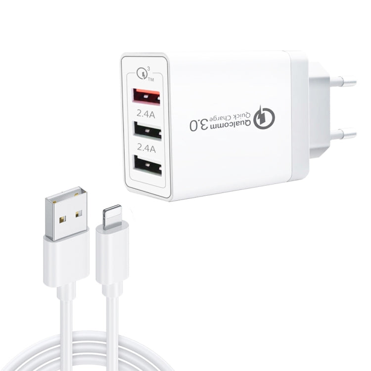 SDC-30W 2 in 1 USB to 8 Pin Data Cable + 30W QC 3.0 USB + 2.4A Dual USB 2.0 Ports Mobile Phone Tablet PC Universal Quick Charger Travel Charger Set, EU Plug - USB Charger by PMC Jewellery | Online Shopping South Africa | PMC Jewellery | Buy Now Pay Later Mobicred