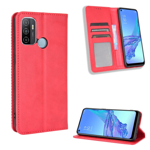 For OPPO A53 2020 / A53S 2020 / A33  Magnetic Buckle Retro Crazy Horse Texture Horizontal Flip Leather Case with Holder & Card Slots & Photo Frame(Red)