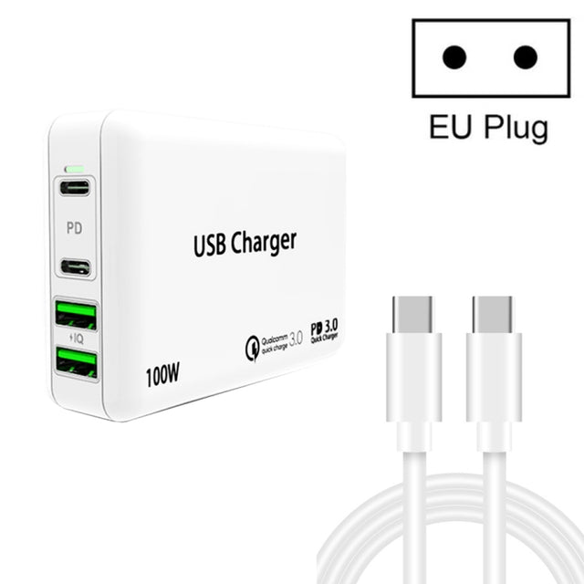 PD65W-A9 PD 65W Dual Dort USB-C / Type-C + Dual USB Charger with 5A USB-C / Type-C to USB-C / Type-C Fast Charging Cable for Apple MacBook Series EU Plug