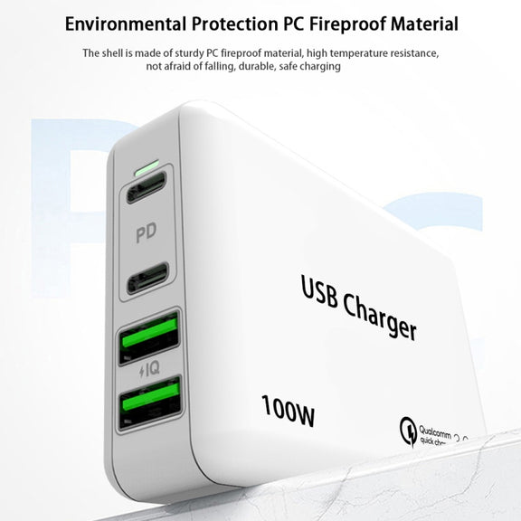 PD65W-A9 PD 65W Dual Dort USB-C / Type-C + Dual USB Charger with 5A USB-C / Type-C to USB-C / Type-C Fast Charging Cable for Apple MacBook Series EU Plug