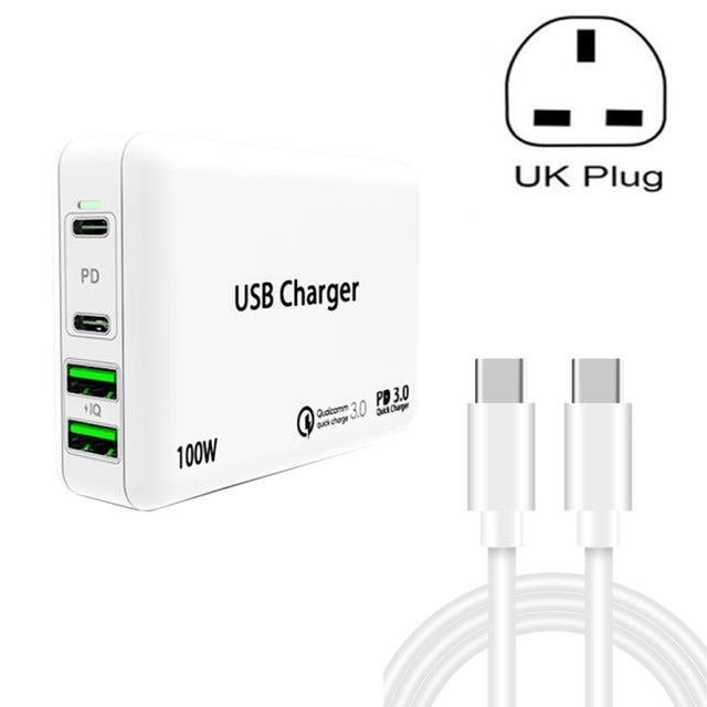 PD65W-A9 PD 65W Dual Dort USB-C / Type-C + Dual USB Charger with 5A USB-C / Type-C to USB-C / Type-C Fast Charging Cable for Apple MacBook Series UK Plug