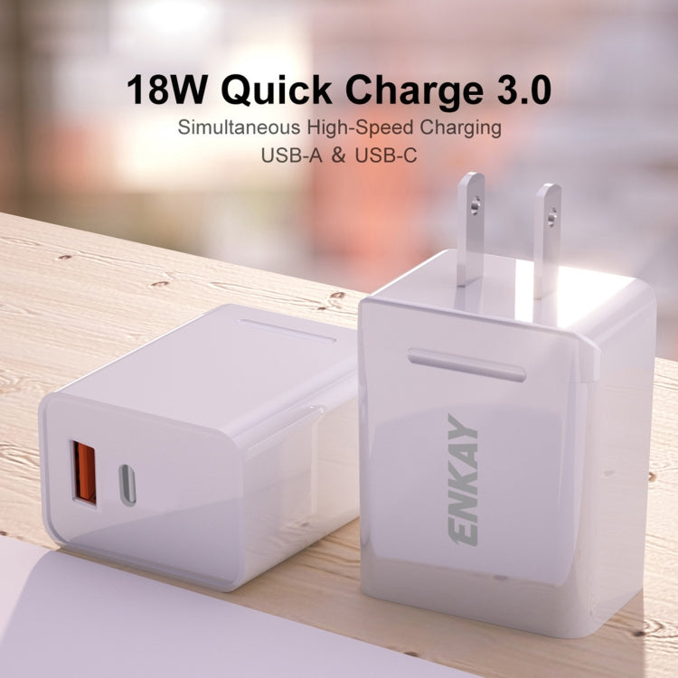 ENKAY Hat-Prince U033 18W 3A PD + QC3.0 Dual USB Fast Charging Power Adapter US Plug Portable Travel Charger With 1m 3A Type-C Cable - free shipping - PMC TechLife - Order now!