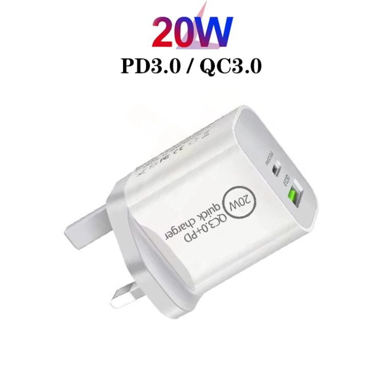 SDC-20WA+C 20W PD + QC 3.0 USB Dual Fast Charging Universal Travel Charger with Type-C / USB-C to 8 Pin Fast Charging Data Cable, UK Plug - USB Charger by PMC Jewellery | Online Shopping South Africa | PMC Jewellery | Buy Now Pay Later Mobicred