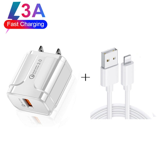 LZ-023 18W QC 3.0 USB Portable Travel Charger + 3A USB to 8 Pin Data Cable, US Plug(Black)