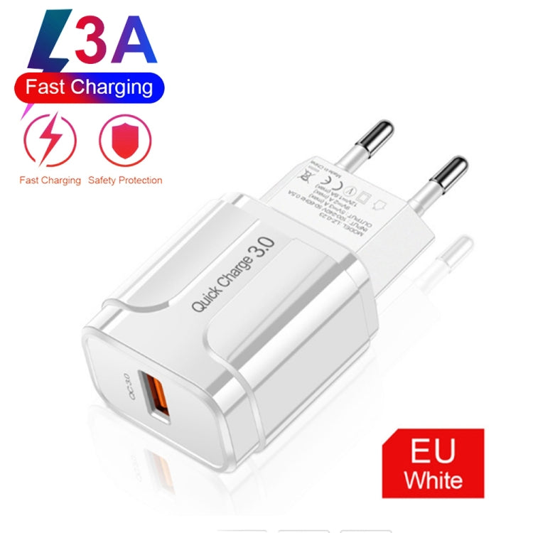 LZ-023 18W QC 3.0 USB Portable Travel Charger + 3A USB to 8 Pin Data Cable, EU Plug(White) - free shipping - PMC Jewellery - Order now!