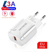 LZ-023 18W QC 3.0 USB Portable Travel Charger + 3A USB to 8 Pin Data Cable, EU Plug(White)