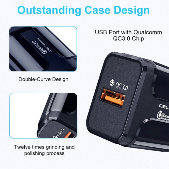 LZ-023 18W QC 3.0 USB Portable Travel Charger + 3A USB to 8 Pin Data Cable, EU Plug(Black)
