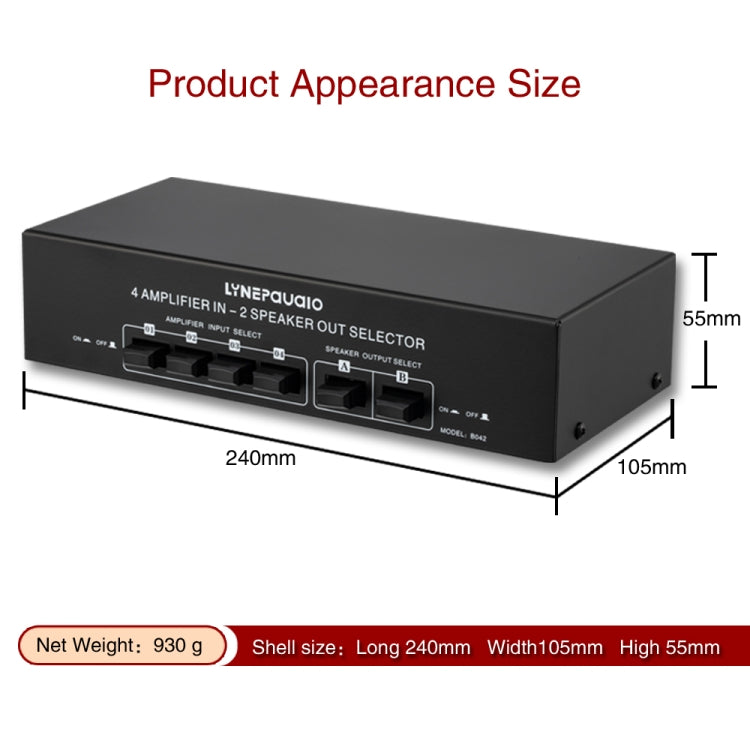 B042 4-in 2-out Power Amplifier Sound Switcher Loudspeaker Switch Distributor, 300W Per Channel Lossless Sound Quality