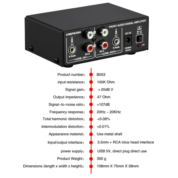 B053 Front Stereo Sound Amplifier Headphone Speaker Amplifier Booster with Volume Adjustment, 2-Way Mixer, USB 5V Power Supply, US Plug