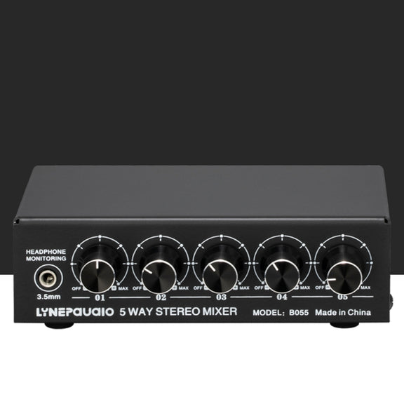 B055 5-Channel Active Stereo Mixer Multi-Channel Mixer with Independent Volume Adjustment  & USB 5V Power Output & Headphone Monitoring, US Plug