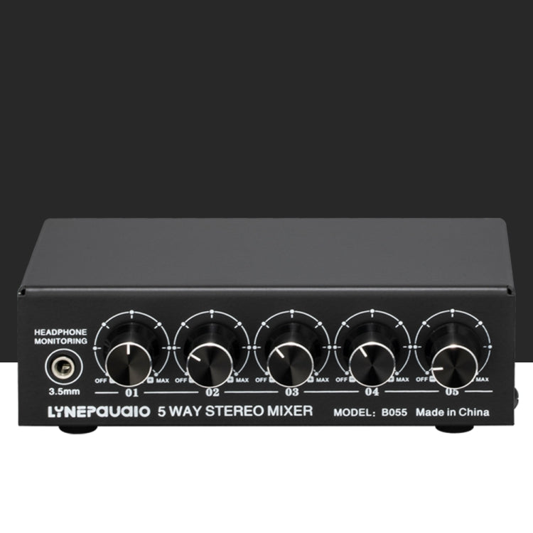 B055 5-Channel Active Stereo Mixer Multi-Channel Mixer with Independent Volume Adjustment  & USB 5V Power Output & Headphone Monitoring, US Plug