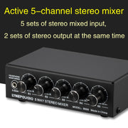 B055 5-Channel Active Stereo Mixer Multi-Channel Mixer with Independent Volume Adjustment  & USB 5V Power Output & Headphone Monitoring, US Plug