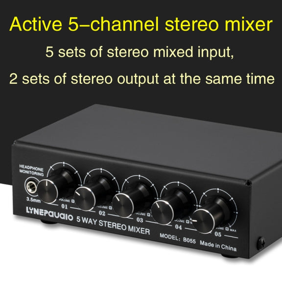 B055 5-Channel Active Stereo Mixer Multi-Channel Mixer with Independent Volume Adjustment  & USB 5V Power Output & Headphone Monitoring, US Plug