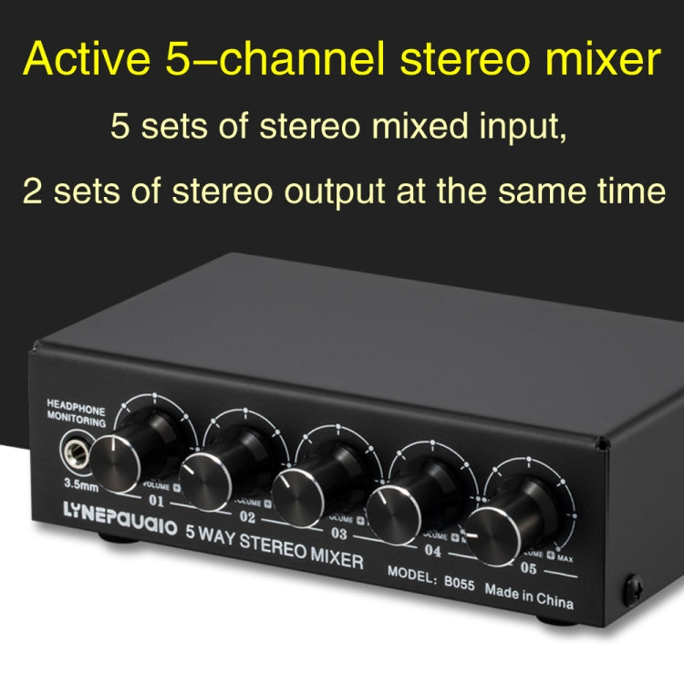 B055 5-Channel Active Stereo Mixer Multi-Channel Mixer with Independent Volume Adjustment  & USB 5V Power Output & Headphone Monitoring, US Plug
