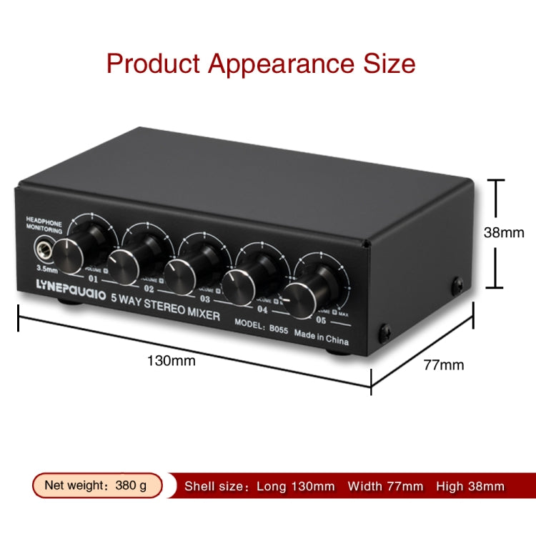 B055 5-Channel Active Stereo Mixer Multi-Channel Mixer with Independent Volume Adjustment  & USB 5V Power Output & Headphone Monitoring, US Plug