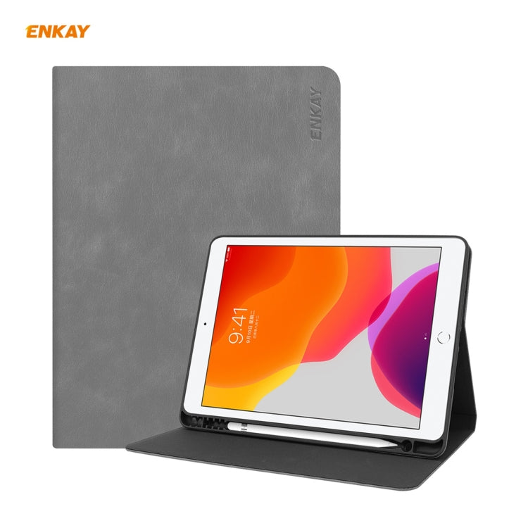 For iPad 10.2 2021 / 2020 / 2019 ENKAY ENK-8023 Cow Texture PU Leather + TPU Smart Case with Pen Slot(Grey) - free shipping - PMc TechLife - Order now!