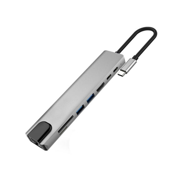 Aluminum Alloy 8 in 1 Multi HD USB 3.0 USB-C Hub Adapter Charging SD PD and TF RJ45 Card Reader Adapter for MacBook Pro Air