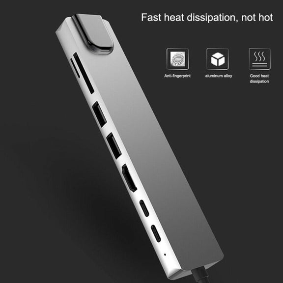 Aluminum Alloy 8 in 1 Multi HD USB 3.0 USB-C Hub Adapter Charging SD PD and TF RJ45 Card Reader Adapter for MacBook Pro Air