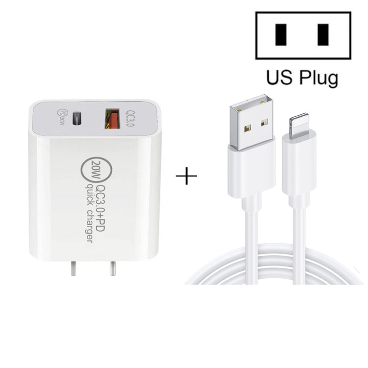 20W PD Type-C + QC 3.0 USB Interface Fast Charging Travel Charger with USB to 8 Pin Fast Charge Data Cable US Plug - free shipping - PMC Jewellery - Order now!