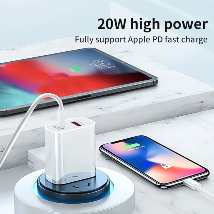 20W PD Type-C + QC 3.0 USB Interface Fast Charging Travel Charger with USB-C / Type-C to 8 Pin Fast Charge Data Cable US Plug