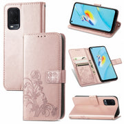 For OPPO A54  4G Four-leaf Clasp Embossed Buckle Mobile Phone Protection Leather Case with Lanyard & Card Slot & Wallet & Bracket Function(Rose Gold)