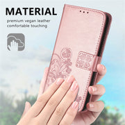 For OPPO A54  4G Four-leaf Clasp Embossed Buckle Mobile Phone Protection Leather Case with Lanyard & Card Slot & Wallet & Bracket Function(Rose Gold)