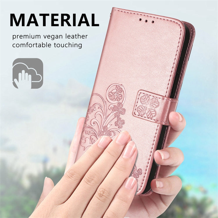 For OPPO A54  4G Four-leaf Clasp Embossed Buckle Mobile Phone Protection Leather Case with Lanyard & Card Slot & Wallet & Bracket Function(Rose Gold)