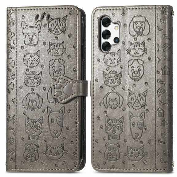 For Samsung Galaxy A32 5G Cute Cat and Dog Embossed Horizontal Flip Leather Case with Holder & Card Slots & Wallet & Crossbody Lanyard & Card Cover(Gray)