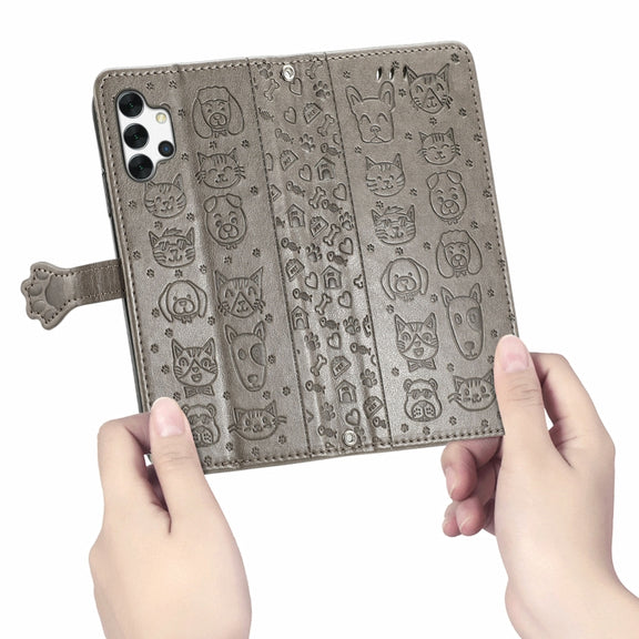 For Samsung Galaxy A32 5G Cute Cat and Dog Embossed Horizontal Flip Leather Case with Holder & Card Slots & Wallet & Crossbody Lanyard & Card Cover(Gray)