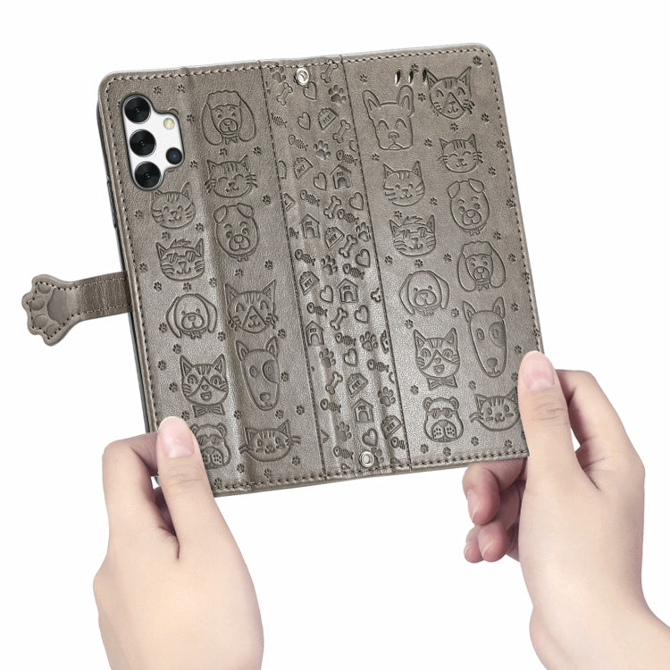 For Samsung Galaxy A32 5G Cute Cat and Dog Embossed Horizontal Flip Leather Case with Holder & Card Slots & Wallet & Crossbody Lanyard & Card Cover(Gray)