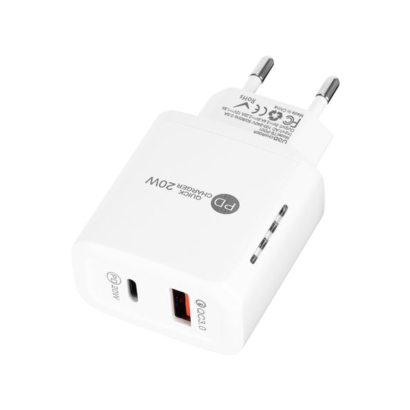 TE-PD01 PD 20W + QC3.0 USB Dual Ports Quick Charger with Indicator Light, EU Plug(White)