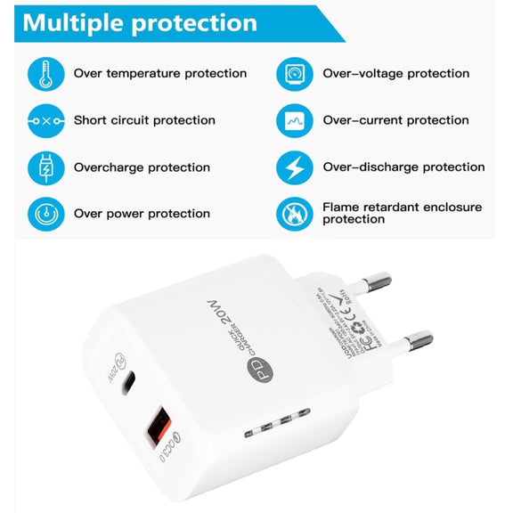 TE-PD01 PD 20W + QC3.0 USB Dual Ports Quick Charger with Indicator Light, EU Plug(Black)
