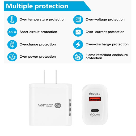 TE-PD01 PD 20W + QC3.0 USB Dual Ports Quick Charger with Indicator Light, US Plug(White)