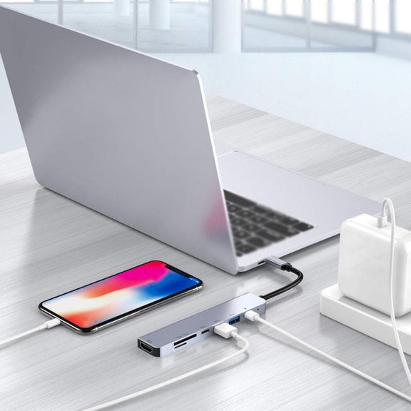 7 in 1 Type-C to HDMI + SD/TF + 2 x Type-C + 2 x USB3.0 Multi-function Splitter Adapter