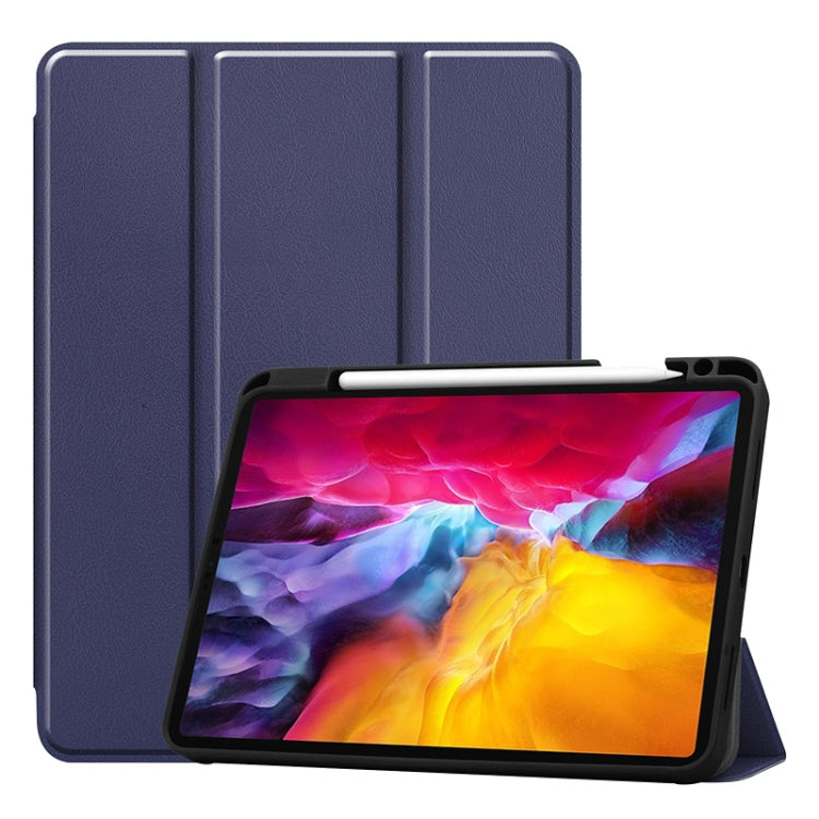 For iPad Pro 11 2022 / 2021 / 2020 ENKAY 3-Folding Shockproof TPU Cover Custer Texture PU Leather Tablet Case with Pencil Slot & Holder & Sleep / Wake-up Function(Dark Blue) - free shipping - PMc TechLife - Order now!