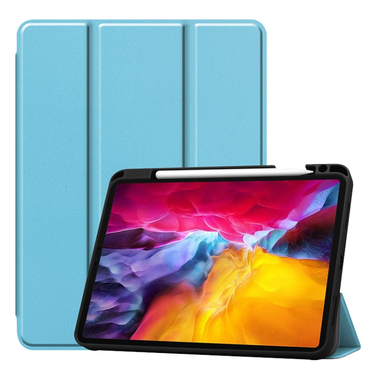 For iPad Pro 11 2022 / 2021 / 2020 ENKAY 3-Folding Shockproof TPU Cover Custer Texture PU Leather Tablet Case with Pencil Slot & Holder & Sleep / Wake-up Function(Light Blue) - free shipping - PMc TechLife - Order now!