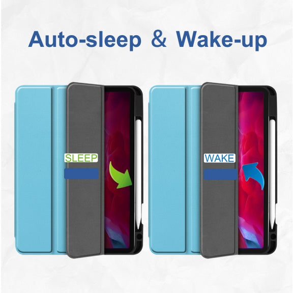 For iPad Pro 11 2022 / 2021 / 2020 ENKAY 3-Folding Shockproof TPU Cover Custer Texture PU Leather Tablet Case with Pencil Slot & Holder & Sleep / Wake-up Function(Dark Blue)
