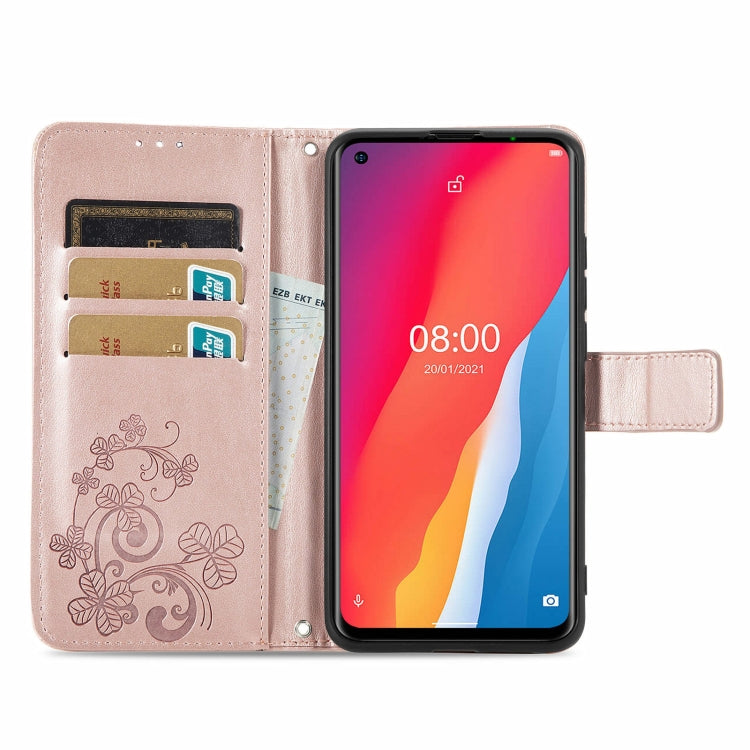 For Ulefone Note 11 Plus Four-leaf Clasp Embossed Buckle Mobile Phone Protection Leather Case with Lanyard & Card Slot & Wallet & Bracket Function(Rose Gold) - Ulefone Cases by PMC Jewellery | Online Shopping South Africa | PMC Jewellery | Buy Now Pay Later Mobicred