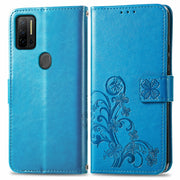 For Ulefone Note 11 Plus Four-leaf Clasp Embossed Buckle Mobile Phone Protection Leather Case with Lanyard & Card Slot & Wallet & Bracket Function(Blue)