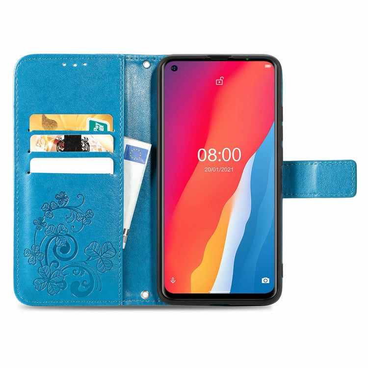 For Ulefone Note 11 Plus Four-leaf Clasp Embossed Buckle Mobile Phone Protection Leather Case with Lanyard & Card Slot & Wallet & Bracket Function(Blue) - Ulefone Cases by PMC Jewellery | Online Shopping South Africa | PMC Jewellery | Buy Now Pay Later Mobicred
