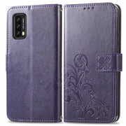 For Blackview A90 Four-leaf Clasp Embossed Buckle Mobile Phone Protection Leather Case with Lanyard & Card Slot & Wallet & Bracket Function(Purple)